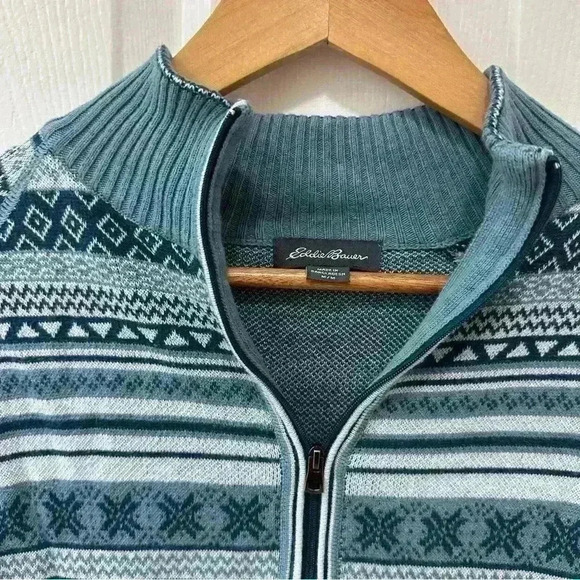 Eddie Bauer Blue Fair Isle Print 1/4 Zip Pullover Sweater Ladies size Medium - Picture 2 of 7